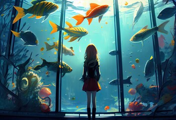 Wall Mural - anime girl standing in front of a big aquarium tank, many colorful fishes. generative ai