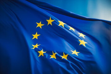 Flag of European union closeup. Blue flag with gold stars waving in the wind. Generative AI