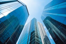 Reflective Skyscraper Business Office Buildings. Bottom Up View Of Big Modern City Urban Landscape. Generative AI.