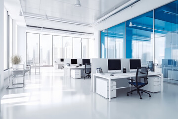 Wall Mural - Modern white and blue open space office interior. Empty clean modern office building. Generative AI