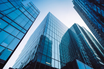 reflective skyscraper business office buildings. bottom up view of big modern city urban landscape. 