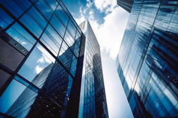 Reflective skyscraper business office buildings. Bottom up view of big modern city urban landscape. Generative AI.