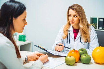 Wall Mural - Young nutritionist consulting patient at table in clinic. Nutritionist with client at clinic, professional advice. Generative AI