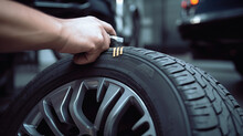 Mechanic Checking Tire Tread Depth And Wear Using A Tire Gauge, Generative Ai