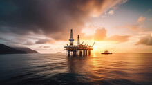 Offshore Oil And Rig Platform In Sunset Or Sunrise Time. Construction Of Production Process In The Sea, Generative Ai