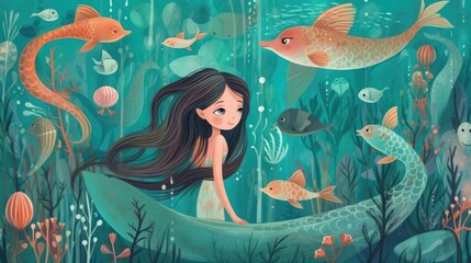 Whimsical underwater world inhabited by mermaids and sea creatures