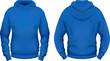 Template of blank blue hoodie with pocket. Front and back views. Vector illustration.