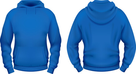 Wall Mural - Template of blank blue hoodie with pocket. Front and back views. Vector illustration.