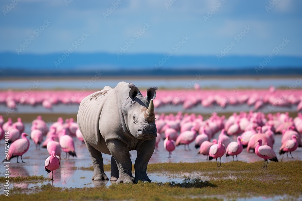 illustration, rhino and pink flamingo background in africa, ai generative