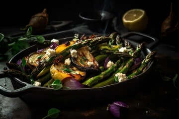 Wall Mural - plate of asparagus grilled with vegetables on a dark background .rustic style. Generative AI