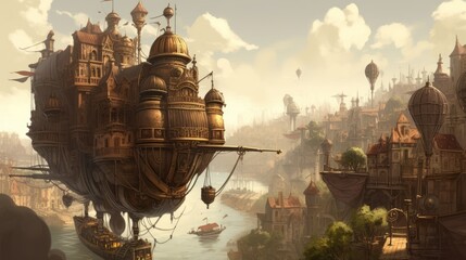 steampunk city with steam powered machinery, clockwork automatons, and airships