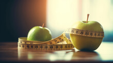 Healthy Diet And Weight Loss Concept, Apple And Tape Measure On The Nutritionist Desk, Generative Ai