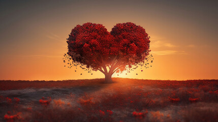  Heart Tree - Love For Nature - Red Landscape At Sunset, generative ai