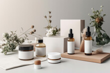 Minimalist Corporate Identity, And Product Packaging Mockups For A Natural Cosmetics Business. Generative AI
