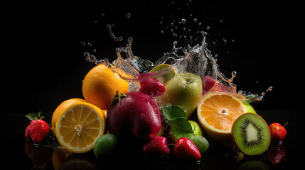 Wall Mural - water splash, fruit on a black background wine, apricot and peach, generative ai