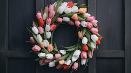 Wall Mural - Wreath of tulip flowers. Illustration AI Generative.