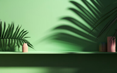 Wall Mural - Summer tropical leaf with shadow on a green wall. Product display mockup scene. Generative ai