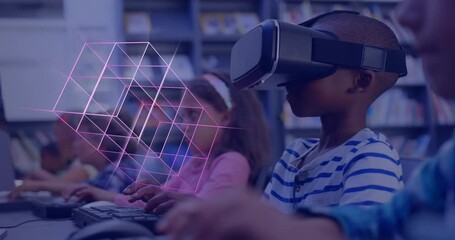 Poster - Animation of glowing 3d shapes over african american boy using vr headset