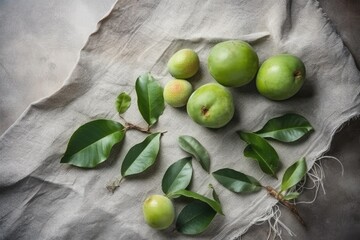 Poster - pile of fresh green apples on a cloth. Generative AI