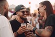 © ChaoticMind - Vibrant social scene at an outdoor festival concert, with a cheerful crowd enjoying the atmosphere and each other's company. People can be seen drinking beer and having a good time Generative AI