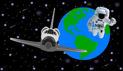 Wall Mural - space astronaut flying near space shuttle and earth planet. elements of this vector illustration wer