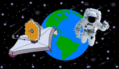 Wall Mural - space astronaut in new space suit in a front of and modern space telescope. elements of this vector 