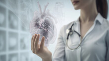 Female Doctor Holding Virtual Volumetric Drawing Of Heart In Hand. Handrawn Human Organ, Copy Space On Right Side, Grey Hdr Color. Healthcare Hospital Service Concept, Generative Ai