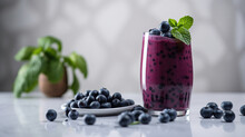 Glass Of Blueberry Smoothie With Mint And Fresh Berries. Generative Ai