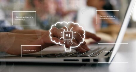 Poster - Animation of ai text and data processing and caucasian woman using laptop