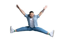 Overjoyed Asian Man With Stylish  Jumping In Twine, Having Fun, Celebration Success Isolated On Transparent Background. Clipping Path. Freedom Concept 