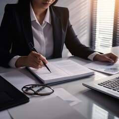 Poster - Hands-on documents for a startup business's tax audit report or financial statement. Accounting, paperwork, and office meetings for finance targets, goals, or research analysis. generative ai
