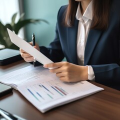 Poster - Hands-on documents for a startup business's tax audit report or financial statement. Accounting, paperwork, and office meetings for finance targets, goals, or research analysis. generative ai