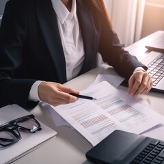 Poster - close up of business people working on desk. finance targets, goals, of research analysis. generative ai 