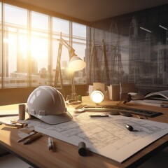 Wall Mural - Architect concept and architectural project desk in construction site or office building with mining light. generative ai