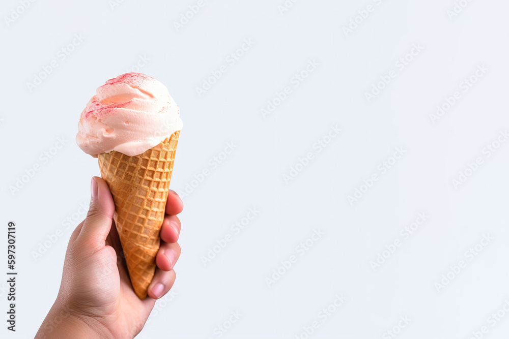 Hand holding delicious strawberry ice cream in a crispy waffle cone ...