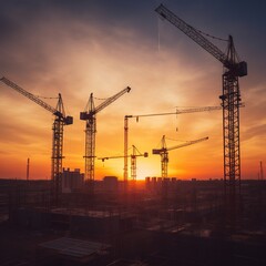 Wall Mural - Construction site at dusk with cranes all around and tall skyscrapers in various phases of construction. generative ai
