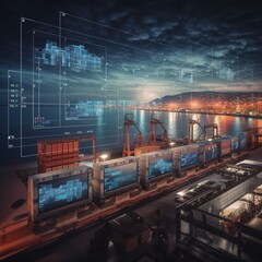 Poster - logistics import export of containers cargo freight ship loading at industrial port and truck on world map network distribution background, Logistics transportation worldwide concept. generative ai