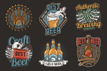 Wall Mural - Beer set of brew emblems or craft beer logos with beer cap, can, hop, skeleton and bottle. Labels or prints with skull, beer glass and barly for bar, pub or brewery shop