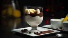 Panna Cotta. Milk Dessert With Chocolate And Banana In A Glass, Generative Ai