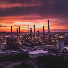 Canvas Print - During sunset, industrial machinery against a clear sky at an oil refinery. generative ai