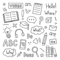 Learning English doodle set. Language school in sketch style. Online language education course. Hand drawn vector illustration isolated on white background