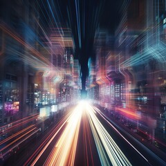Poster - Hyperloop traveling at warp speed while the city is illuminated by blue light at night. generative ai