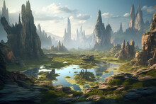 An Expansive And Immersive Virtual Reality Landscape With Rocks And Water In The Middle Of A Rocky Area With Green Grass On Both Sides, Surrounded By Tall Rock Formations. Generative Ai