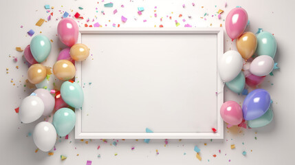 decoration balloons, confetti, gift, frame with pastel color space background. Generative AI