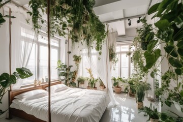 Wall Mural - bedroom with a lush and green plant-filled bed. Generative AI