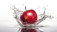 Fresh Red Apple And Splash Of Water On White Background, Generative Ai