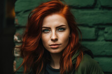 Attractive Beauty Of A Woman With Fiery Red Hair And Piercing Green Eyes, Set Against A Dark Olive Green Brick Wall, Generative Ai