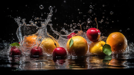 Wall Mural - Fresh fruit with water splash, isolated on black background, generative ai