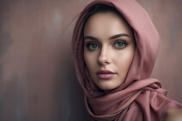 Close-up of a beautiful woman with flawless skin and dusty rose scarf wrapped around her neck, standing against a textured beige wall, generative ai