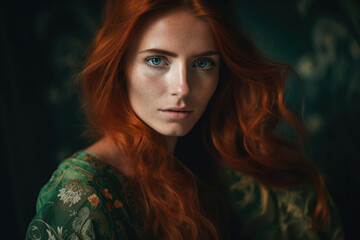Close-up portrait of a beautiful woman with copper-colored hair and piercing green eyes, wearing a copper-colored silk dress with subtle patterns, generative ai